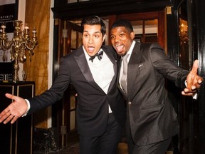 Stand-up comic Sugar Sammy and Montreal Canadiens superstar P.K. Subban ham it up on the red carpet at the Ritz-Carlton's big-ticket Formula One party  (Photo by Dominic Gouin)
