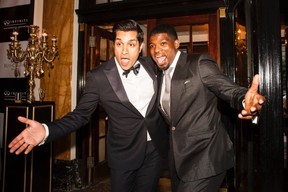 Stand-up comic Sugar Sammy and Montreal Canadiens superstar P.K. Subban ham it up on the red carpet at the Ritz-Carlton's big-ticket Formula One party  (Photo by Dominic Gouin)