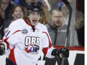 Team Orr’s Brendan Lemieux celebrates his goal against Team Cherry during CHL Top Prospects game on Jan. 15, 2014. The son of former Canadien Claude Lemieux scored 27 goals and collected 26 assists last season while leading the Colts with 145 penalty minutes.