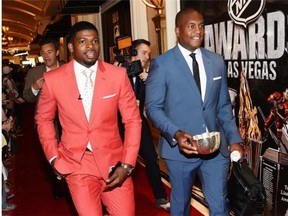 P.K. Subban of the Montreal Canadiens and former player Kevin Weekes arrive on the red carpet prior to the 2014 NHL Awards at Encore Las Vegas on June 24, 2014 in Las Vegas, Nevada.