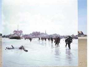 In this composite image a comparison has been made of Bernieres-sur-Mer, France. A view of the seafront and Juno beach on May 5, 2014 in Bernieres-sur-Mer, France. The Allied invasion to liberate mainland Europe from Nazi occupation during World War II took place on June 6, 1944. Operation Overlord, known as D-Day, was the largest sea borne invasion in military history. (Photo by Peter Macdiarmid/Getty Images) Archival image: Operation Overlord Normandy, Troops of the 3rd Canadian Infantry Division are landing at Juno Beach on the outskirts of Bernieres-sur-Mer on D-Day. 6th June 1944. 14,000 Canadian soldiers were put ashore and 340 lost their lives in the battles for the beachhead. France. (Photo by Galerie Bilderwelt/Getty Images)