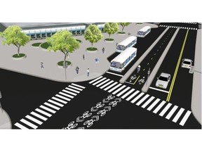 This image, created by Thomas Nosal for the Westmount Walking and Cycling Association, was based on the city of Montreal’s plan for the de Maisonneuve Blvd. bike path in front of the Vendôme métro station (pictured upper left). Under the plan, cyclists will be separated from buses and car traffic between Décarie Blvd. and Claremont Ave.