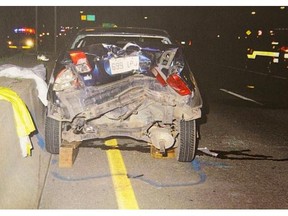This picture is showing Emma Czornobaj’s car after an accident in 2010. Emma stopped her car on a Highway 30 south of Montreal to help a family of ducks in 2010 and a father and daughter subsequently died when their motorcycle ran into the back of Czornobaj’s car.