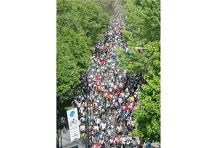 Thousands of cyclists wait to participate in the annual Tour de l'Ile at Parc La Fontaine in Montreal , Sunday, June 1, 2014.