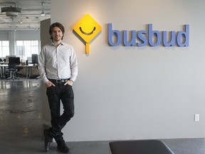 Louis-Philippe Maurice, is an entrepreneur who founded Busbud, an online ticketing company for intercity buses around the world.He is photographed in front of the company logo at his head office in Mile End on May 21, 2014.