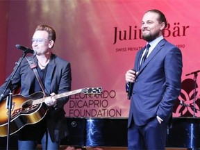 Bono and Leonardo Dicaprio during the Leonardo Dicaprio Foundation Inaugurational Gala July 23 in Saint-Tropez, France. The event raised $25 million for the foundation, which helps protect endangered species.