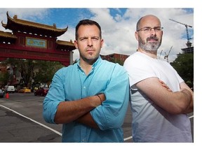 Louis-Pierre Pharand, left, and Julien Cuny, developers of the video game ReRoll, in front of the Chinatown gates in Montreal last month.