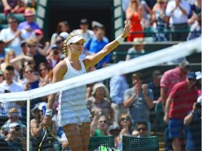 Canada’s Eugenie Bouchard celebrates winning her women’s singles quarter-final match against Germany’s Angelique Kerber on day nine of the 2014 Wimbledon Championships at The All England Tennis Club in Wimbledon, southwest London, on July 2, 2014. Bouchard won 6-3, 6-4.