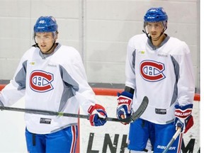 Canadiens prospects Mac Bennett, left, and Vincent Muto, right, take part in the development camp at the Bell Sports Complex in Brossard on Monday, July 7, 2014.