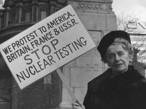 Therese Casgrain leads a 24-hour silent vigil at Montreal's war memorial in a Nov. 10, 1961 photo. Casgrain, a feminist icon and Quebec heroine who died in 1981, has been quietly removed from a national honour, to be replaced by an volunteer award bearing the prime minister's banner. THE CANADIAN PRESS/files