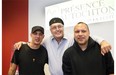 Montreal First Peoples’ Festival chairman and artistic director André Dudemaine is flanked by rapper Samian, left, and Innu hip-hop artist Shauit during the event’s lineup announcement on June 16.