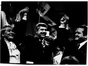 From Gazette archives: Jean Garon, right, congratulates his rival Pierre-Marc Johnson as he takes the helm of the Parti Québécois on Sept. 19, 1985, after they both bid for the leadership. Pauline Marois, on Johnson’s left, also ran to lead the PQ – and lost.