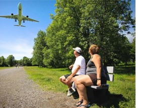 A landing airplane nears Trudeau airport in Dorval: Not surprisingly, a study by Montreal’s public-health agency found that people living near the airport, rail yards and highways are the most likely to be exposed to excessive noise pollution.