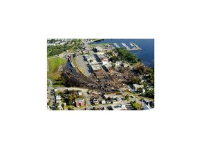 MONTREAL, QUE.: JULY 10, 2013--Aerial images provided Wednesday July 10, 2013 by the Surete du Quebec show the site where a Montreal, Maine and Atlantic Railway train derailed and exploded in Lac Megantic. (Surete du Quebec)