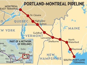 Path of Portland-Montreal pipeline, which currently carries imported oil from Maine to Montreal.