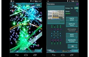 Screenshots taken from mobile phone game Ingress, an augmented reality game that will be hosting a special event in Montreal on Saturday. The screenshot on the left shows The Resistance (blue) and The Enlightened (green). The screenshot on the right shows a portal's status.