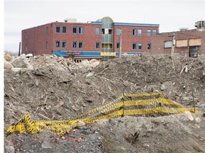 A view of the former downtown area inside the reconstruction site in Lac-Mégantic, 270 kilometres east of Montreal on Wednesday, May 14, 2014