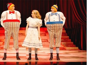 For the young and the young at heart: Sanjay Talwar as Tweedledee, left, Trish Lindström as Alice, and Mike Nadajewski as Tweedledum in Alice Through the Looking-Glass. (Photo: Cylla von Tiedemann, Stratford Festival 2014)