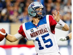 Alouettes’ quarterback Alex Brink throws against the Blue Bombers in Winnipeg on Friday. He threw for 266 yards, completing 18 of 29.