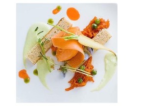 Colleen Carey’s Peas and Carrots includes a sauce of English peas alongside carrot sorbet.