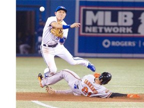 Baltimore Orioles' Nick Markakis is out at second base as Toronto Blue Jays' Munenori Kawasaki tries to turn the double play hit by Orioles' Manny Machado during sixth inning AL baseball game action in Toronto August 5, 2014. Machado was safe at first.