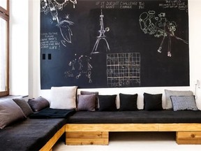 Blackboard paint highlights the living area of landscape designer Kal Sterling’s Westmount condo.