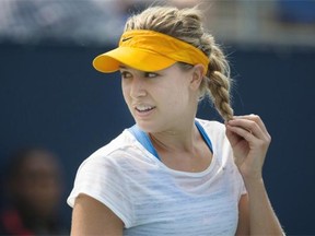 Canadian tennis player Eugenie Bouchard of Westmount takes part in a practice session for the 2014 Rogers Cup women’s tennis tournament at Uniprix Stadium in Montreal on Saturday, Aug. 2, 2014.