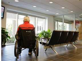 A client of the Constance-Lethbridge Rehabilitation Centre in the N.D.G. area of Montreal sits in the lobby Wednesday, August 27, 2014. The centre is at risk of losing its anglophone designation under a proposal to merge with three other rehab centres in the east-end.