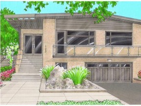 The door and balcony remain, but the entire home is given a contemporary update. (Sketch by Suzanne Rowe)