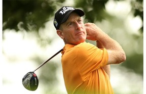 Jim Furyk plays his shot from the 11th tee during the third round of The Barclays at The Ridgewood Country Club on Saturday in Paramus, N.J.