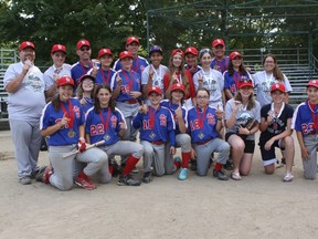 The Lac St-Louis peewee and bantam girls baseball teams and their coaches celebrate their wins.