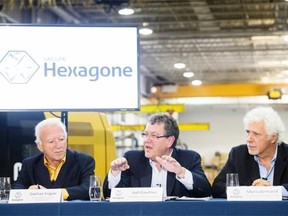 Left to right: Gaetan Frigon, vice-chairman, Joel Gauthier, president and CEO, and Mario Bertrand, chairman of Groupe Hexagone. Businessman Tony Accurso, who is facing criminal charges, sold some of his businesses to a group of investors that formed Hexagone in 2013.