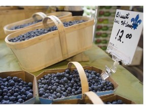 Baskets of wild blueberries are selling at various prices, coming from either Abitibi or Lac-St-Jean.