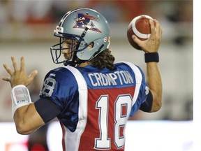 Montreal Alouettes quarterback Jonathan Crompton completes a pass against the Ottawa Redblacks during Canadian Football League game in Montreal, Friday August 29, 2014.
