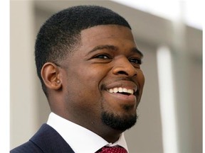 Montreal Canadiens defenceman P.K.Subban speaks to reporters at a news conference to promote youth hockey Thursday, July 31, 2014 in Brossard, Que.