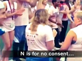 A still from a video recording a pro rape chant during frosh week activities at St. Mary's University in Halifax in September of 2013. More can be done to ensure there is a safe, and fun, environment for first-year university students.