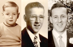 Left: Peter Parry, newly adopted, in Montreal’s Snowdon district in 1941 at age 4. Centre: Parry as a high-school student in Toronto. Right: Parry on his wedding day in 1959.