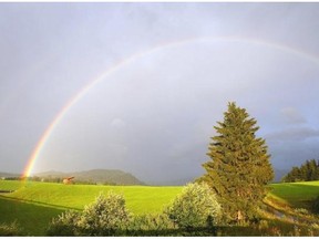 A rainbow is pictured over the landscape near Hopferau, southern Germany, Wednesday, Aug. 13, 2014.