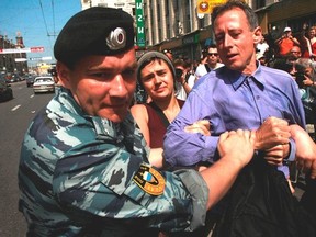 Fierte Montreal Pride's 2014 international Grand Marshall, legendary U.K. activist Peter Tatchell, is pictured here getting  arrested by Russian police at the 2007 Moscow Gay Pride march (Photo courtesy Peter Tatchell via http://www.petertatchell.net)