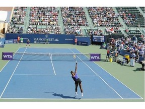 Serena Williams of the USA plays against Angelique Kerber of Germany in the finals of the Bank of the West Classic at the Taube Family Tennis Stadium on August 3, 2014 in Stanford, California.