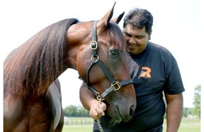 Caretaker Rufino Telon shares a playful moment with Hambletonian favorite Father Patrick after a morning workout at the Takter farm in East Windsor,N.J., this week. Father Patrick was the 4-5 morning line favourite in the Hambletonian race for 3-year-old trotters at the Meadowlands Racetrack in East Rutherford, N.J., but the horse broke stride at the start.