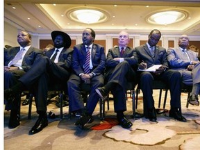 (L-R) Swaziland King Mswati III, South Sudan President Salva Kiir Mayardit, Djbouti President Ismail Omar Guelleh, Former New York City Mayor Michael Bloomberg, South Africa President Jacob Zuma and other African leaders listen to U.S. President Barack Obama deliver closing remarks during the U.S.-Africa Business Forum at the Mandarin Oriental Hotel August 5, 2014 in Washington, DC. Obama is promoting business relationships between the United States and African countries during the three-day U.S.-Africa Leaders Summit, where 49 heads of state are meeting in Washington.  (Photo by Chip Somodevilla/Getty Images) ORG XMIT: 505376161