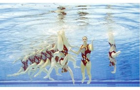 This picture taken with an underwater camera shows Great Britain’s team performing their free combination routine in the synchronised swimming event of the 32nd LEN European Swimming Championships on August 15, 2014 in Berlin.