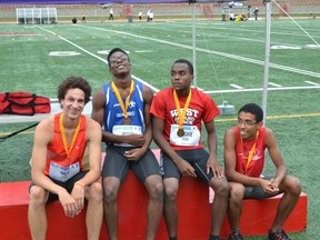 Left to right: West Island Track Club's Matthew Daly, Dustie Joseph, Kadeem McGhie and Ismail Francillon broke provincial club relay record.