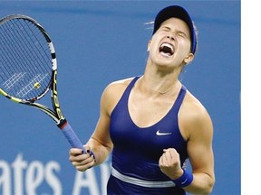 Westmount’s Eugenie Bouchard reacts after defeating Barbora Zahlavova Strycova of the Czech Republic during the third round of the 2014 U.S. Open tennis tournament Saturday in New York. Bouchard won 6-2, 6-7 (2), 6-4.