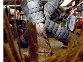 Artist/sculptor Susan Turcot next to her latest Montreal work, which is still in progress. Turcot is completing an installation composed of a tree on wheels for the Montreal Biennial.