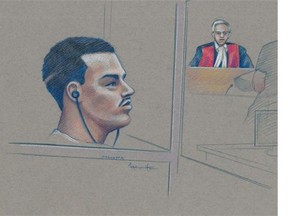 An artist’s view of Luka Magnotta on Monday, Sept. 8, 2014, the first day of jury selection in his first degree murder trial for the 2012 death and dismemberment of Lin Jun.