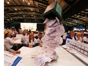 Ballot boxes are opened as counting begins in the Scottish Independence Referendum for the Aberdeenshire Council area, Aberdeen, Scotland, Thursday, Sept. 18, 2014.