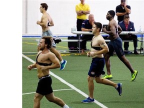 Canadiens players run endurance tests during practice at the Brossard Sports complex. “Any coach that uses analytics to show a player what he did right or wrong should be terminated on the spot,” says hockey analyst Pierre McGuire.