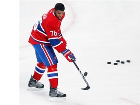 Canadiens’ P.K. Subban juggles a puck during pregame skate before Game 5 of Eastern Conference final against the New York Rangers on May 27, 2014.  Allen McInnis /THE GAZETTE